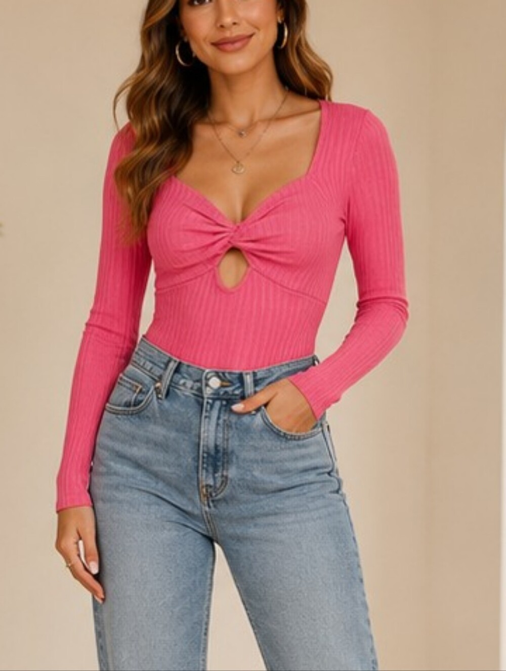 Wild Fable Ribbed Twist-Front Cutout Bodysuit – Vibrant Pink | Size Medium | NWT